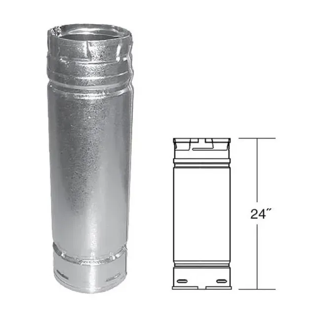 Metal cylindrical chimney pipe shown in photo and line drawing, labeled 24 inches tall.