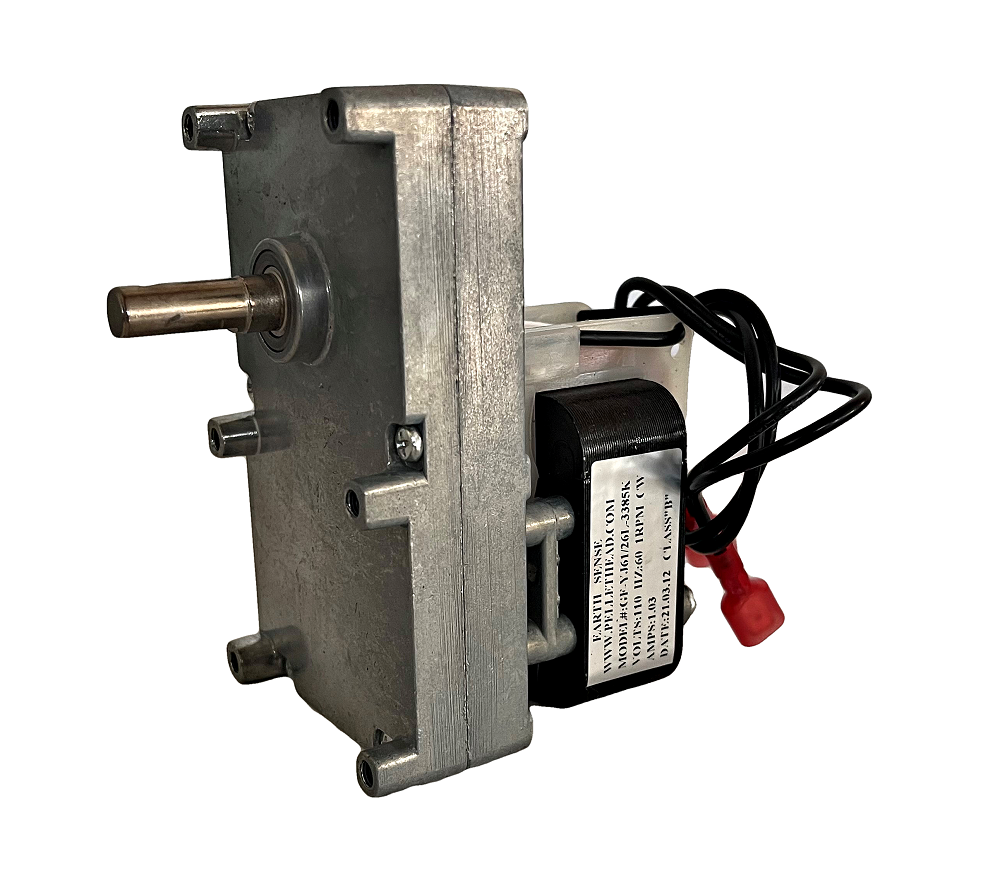 Gray electric motor with black shaft, shown in close-up on a white background