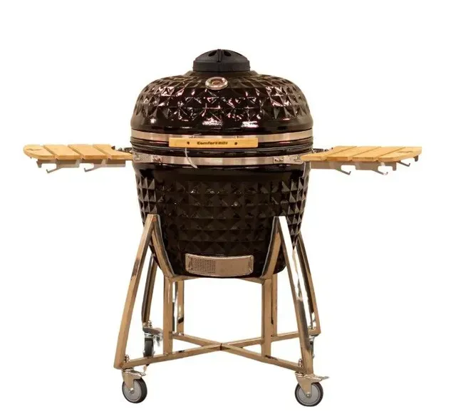 Black ceramic kamado-style grill on a wooden stand with side shelves and wheels