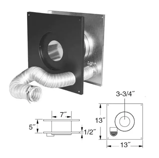 Black metal wall vent with flexible duct and dimension labels in a technical drawing