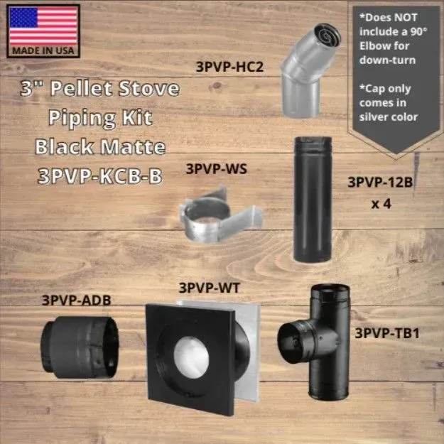 3rd pellet stove piping kit parts on wood background, black matte pieces with labels and notes