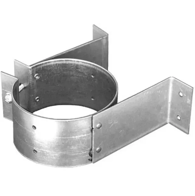 Metal pipe support clamp with two flat mounting straps on a white background