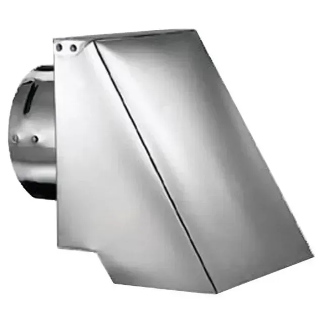 Silver metal wall vent hood with a slanted rectangular cover and circular duct opening on the back