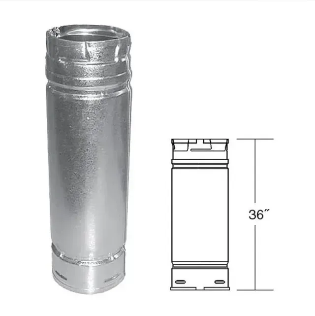 Silver metal chimney pipe with a side view and technical drawing labeled 36 inches