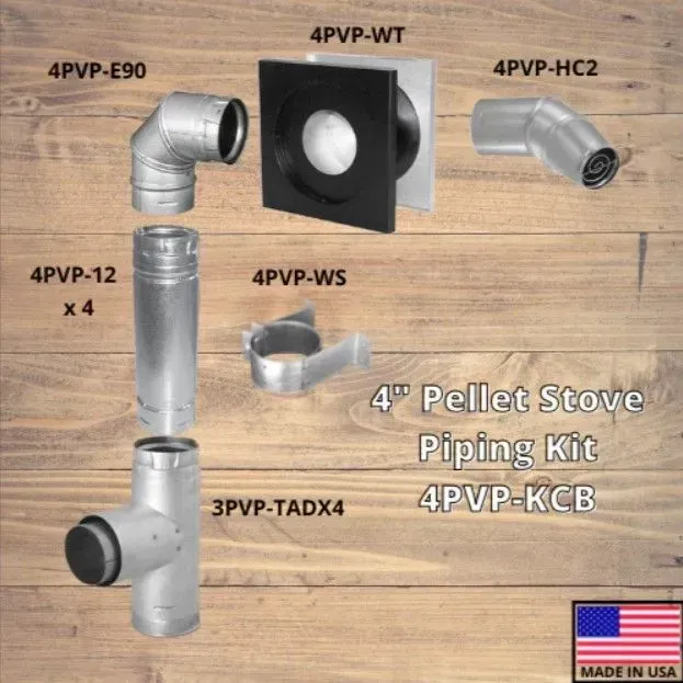 4-inch pellet stove piping kit with metal vent elbows, pipe sections, wall support, and cap