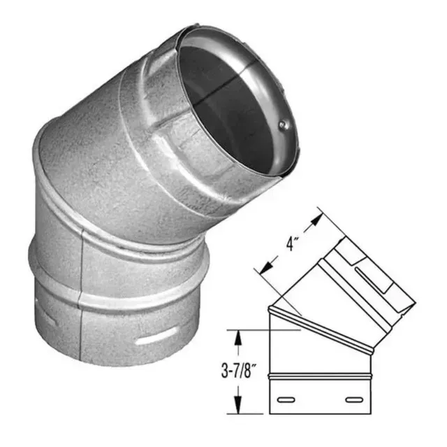 Metal HVAC duct elbow fitting shown in 3D with dimension diagram and measurements