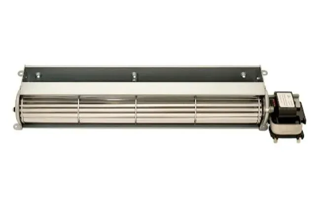 Long cylindrical metal blower fan with motor housing on the right