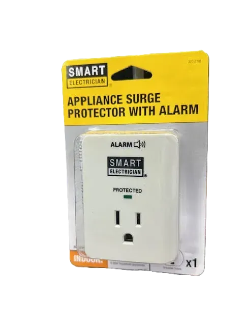 Yellow-packaged appliance surge protector with alarm, showing a white wall outlet device.