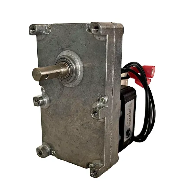 Metal gear motor with protruding shaft and wiring, shown on a white background