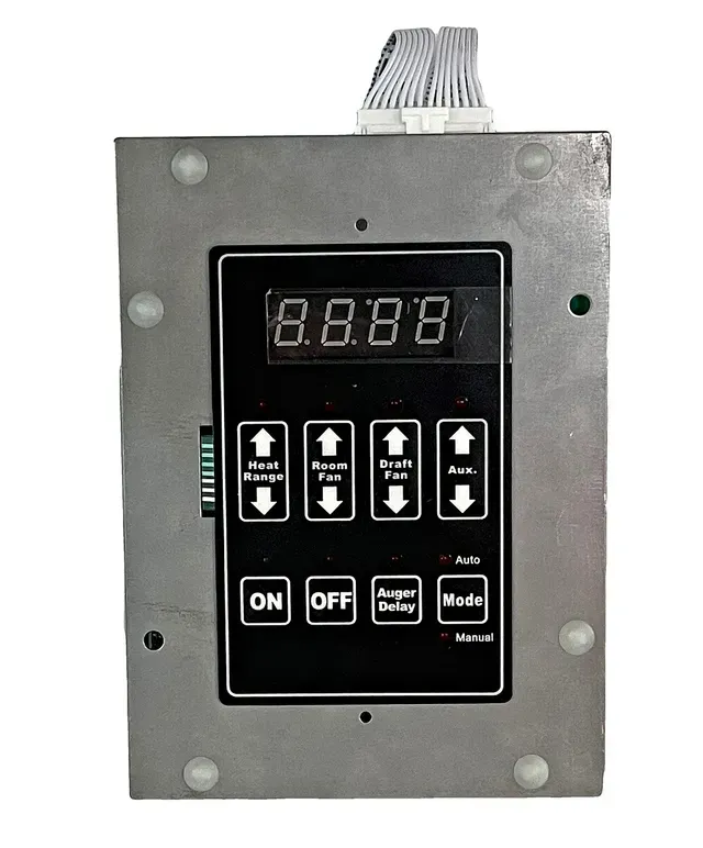 Metal control panel with digital display and directional buttons, mounted in a gray enclosure.