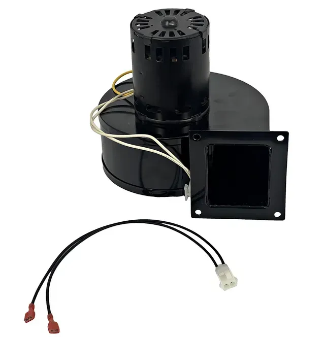 Black blower fan motor with square vent and attached wire connectors on a white background