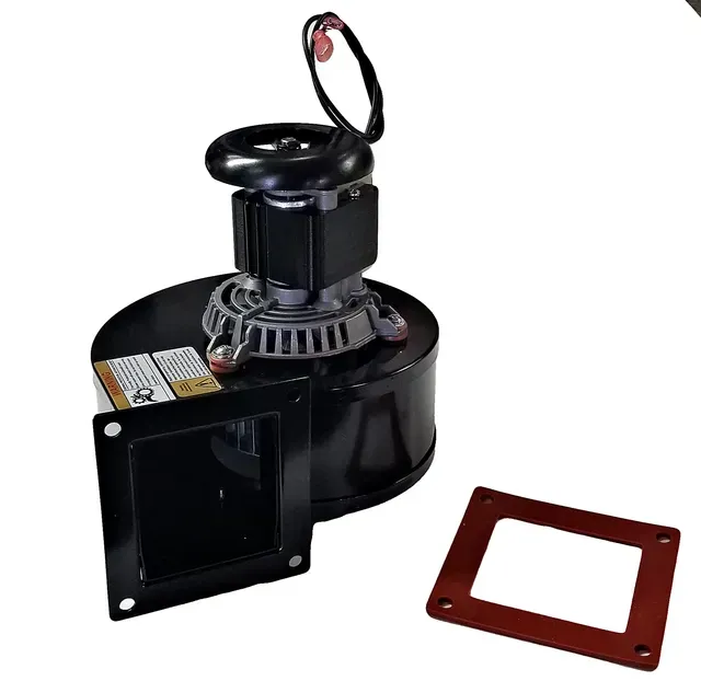 Black mechanical blower/motor assembly with a red mounting gasket on a white background