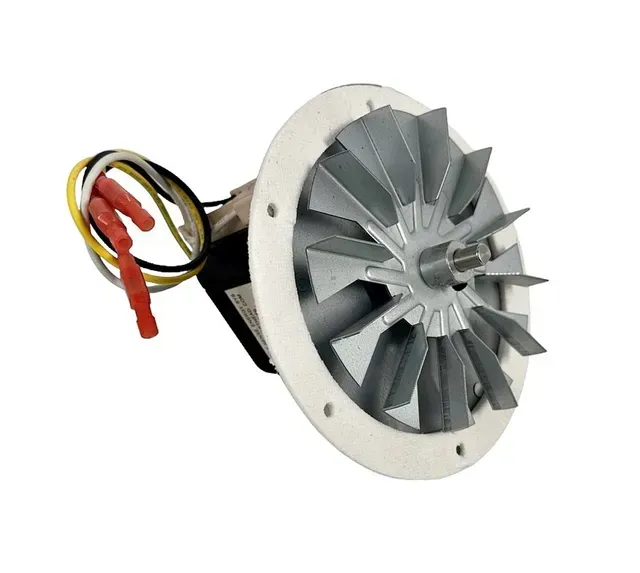 Compact gray industrial fan or turbine assembly with attached red and yellow wires on a white background