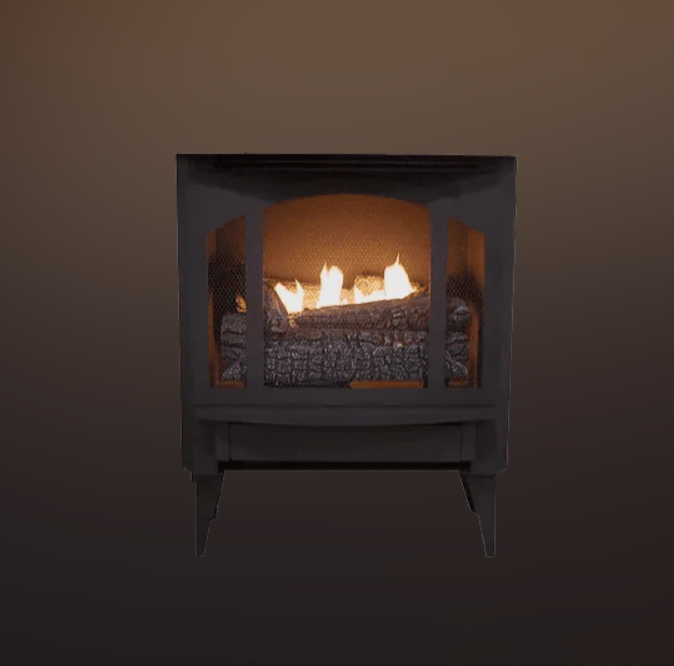 Black freestanding fireplace with visible flames inside a dark hearth