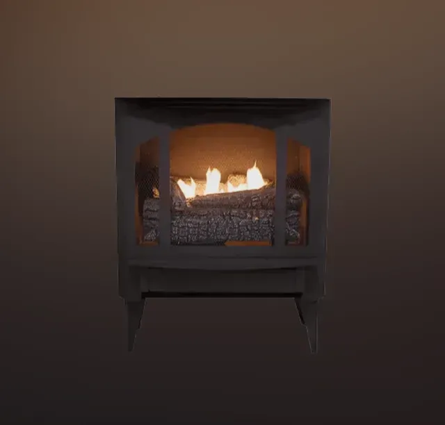 Black metal fireplace with a glowing flame on a dark background