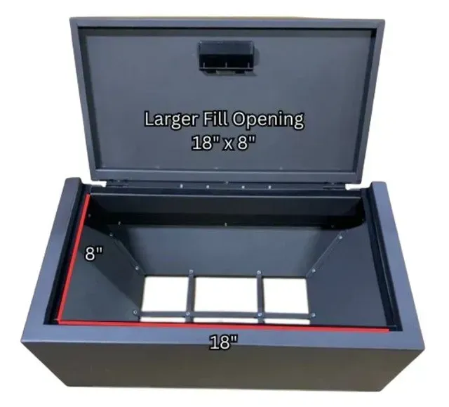 Black rectangular storage box with open lid, labeled 18x8-inch fill opening and 8-inch depth, with white blocks inside