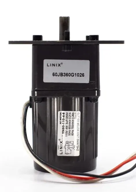 Black LINIX electric motor with attached wires and metal mounting bracket on a white background