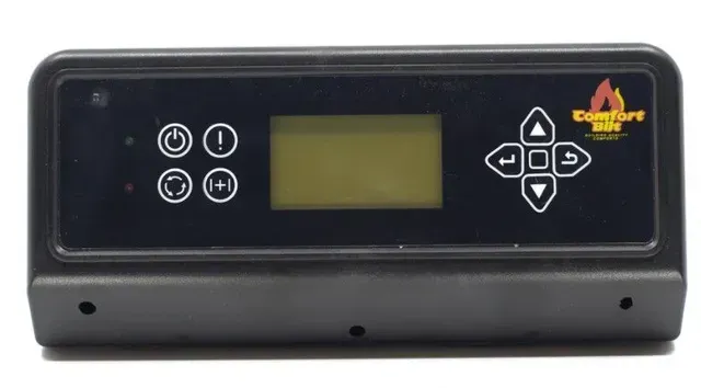 Black electronic control panel with blank display and arrow buttons on a gray base.