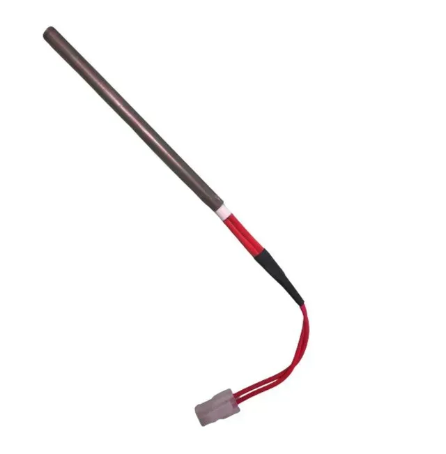 Long brown insulated cable with red lead and gray connector attached to a metal rod