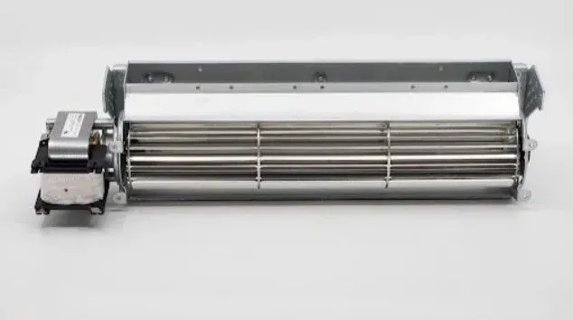 Long cylindrical industrial blower or fan with metal blades and motor assembly on a white background