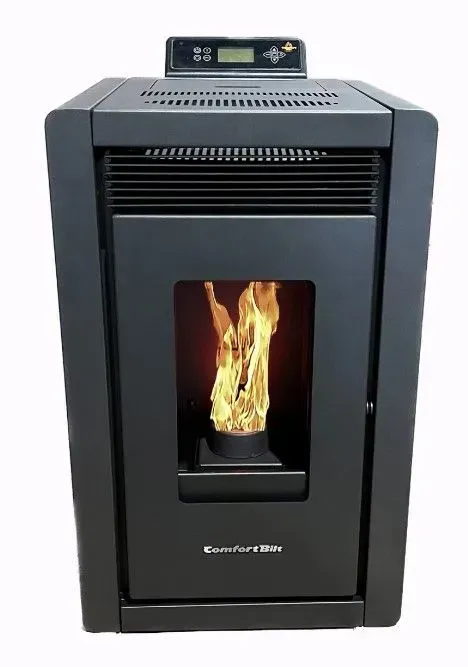 Black pellet stove with a visible flame in the front window and a small digital control panel on top
