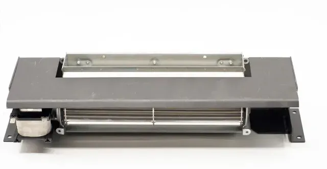 Rectangular metal appliance with a top handle, grill opening, and white roller on the left side.