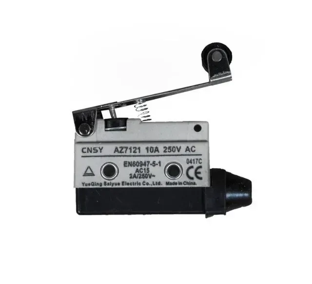Micro limit switch with black lever arm and roller, white rectangular body, labeled CN5Y AZ7121 10A 250V AC