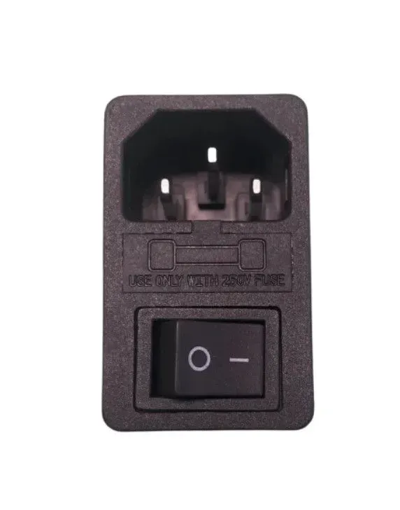 Black power inlet with a rocker switch, showing I/O symbols on a textured panel.