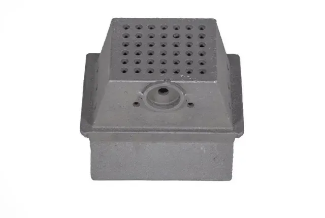 Gray metal speaker or vent box with perforated top and circular port on front
