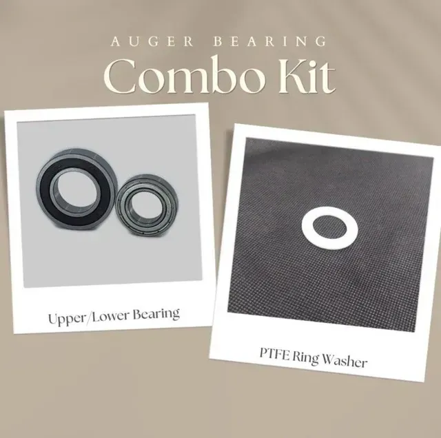 Auger bearing combo kit with upper, lower bearing and PTFE ring washer on beige background