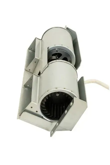 Mechanical ventilation duct with two white cylindrical fan units mounted on a bracket