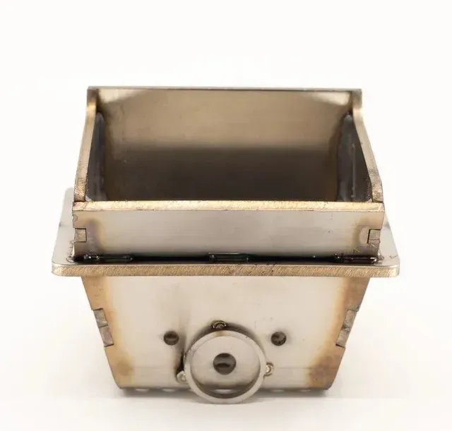 Metal square hopper with a front-mounted circular latch on a white background