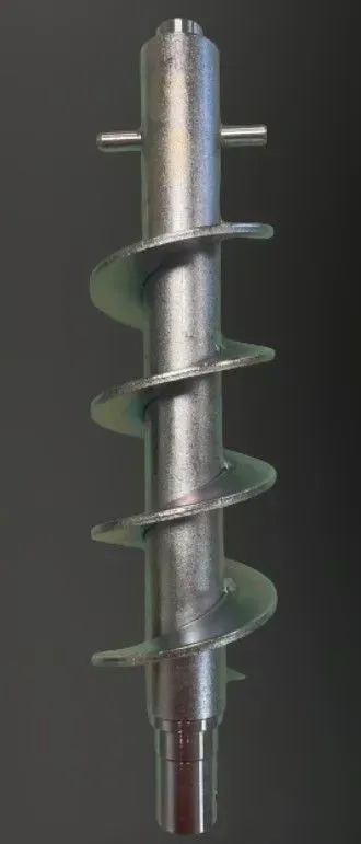 Metal auger screw with helical blades and a cylindrical shaft on a plain background