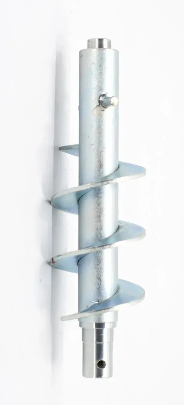 Silver helical auger drill bit with spiral blades on a white background