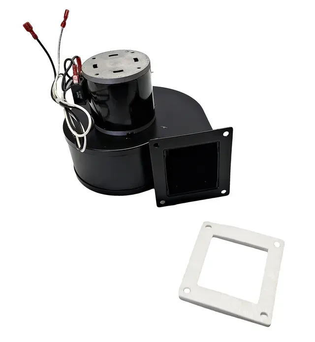 Black HVAC blower motor assembly with mounting flange and white trim plate on a white background