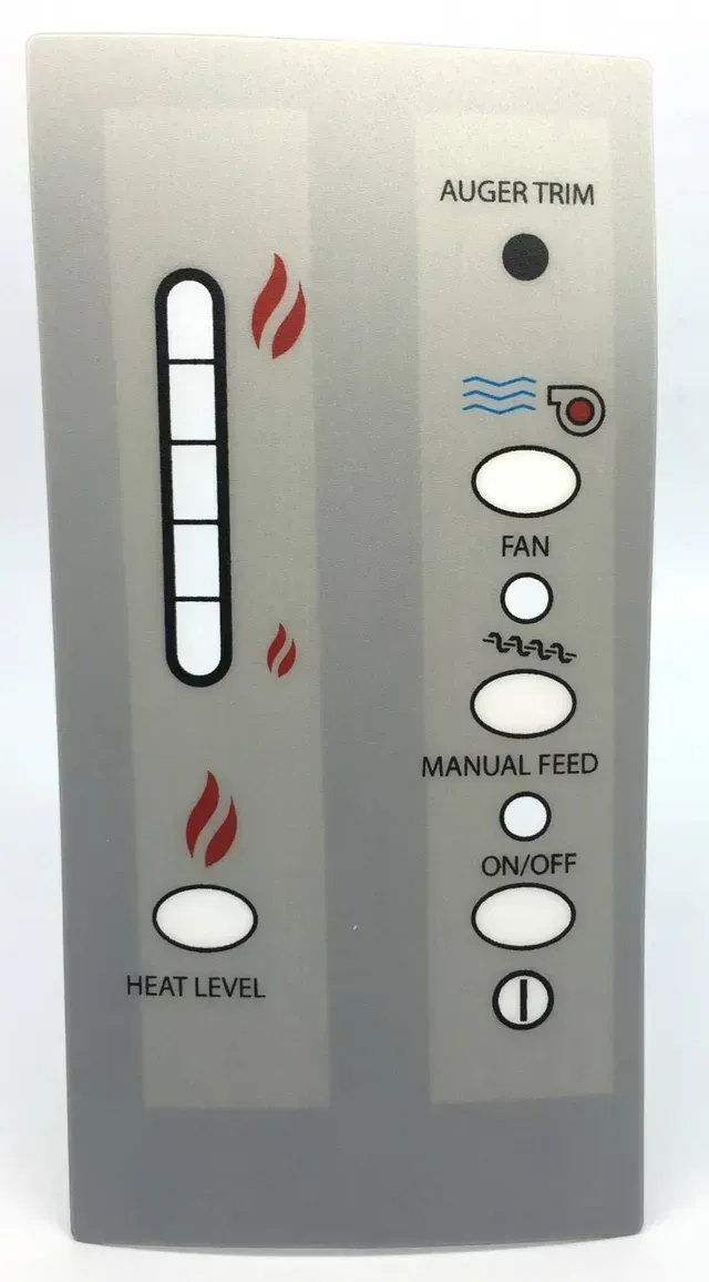 Gray wall-mounted heater control panel with buttons and a vertical flame level indicator