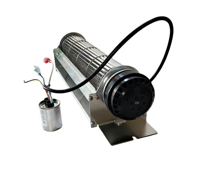Industrial blower fan with metal housing, attached black hose, and small wired capacitor on a white background