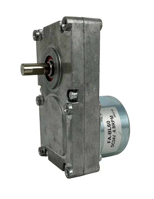 Metal gear motor with exposed shaft, silver housing, and cylindrical attachment on the side.