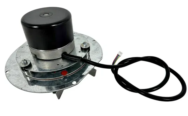 Small black-and-silver electric motor with attached cable and mounting plate on a white background