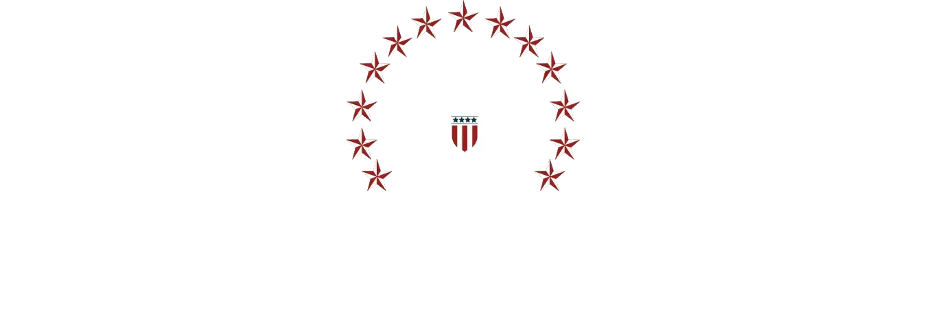 Red stars arranged in a semicircle above a small red emblem on a white background