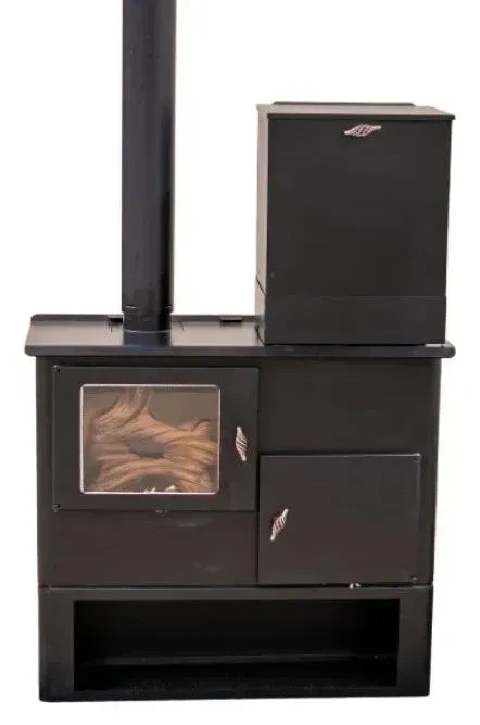 Black wood-burning stove with chimney pipe and glass firebox, on a white background