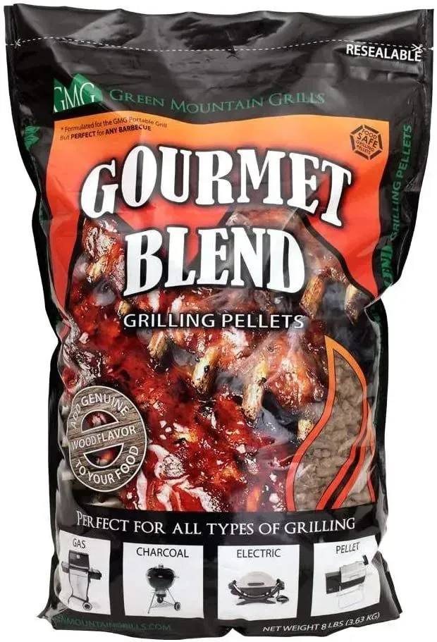Black bag of Gourmet Blend grilling pellets with steak image and “perfect for all types of grilling” text
