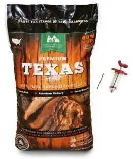 Bag of Premium Texas birdseed with a red seed scoop and screw on white background