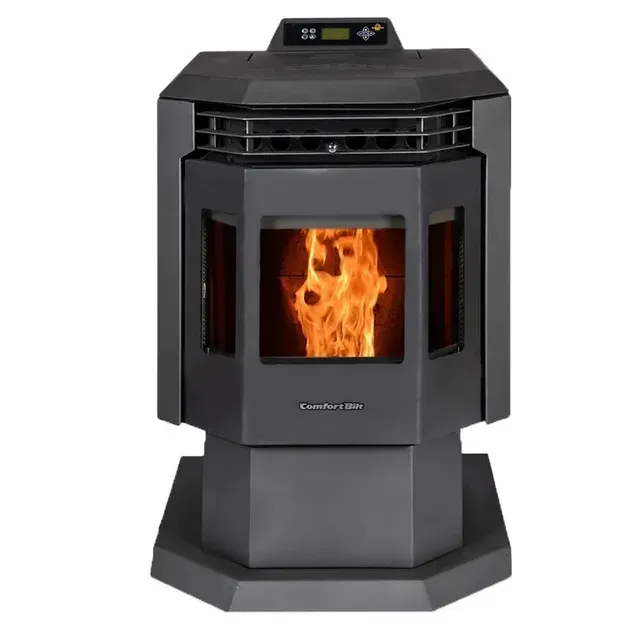 Black freestanding pellet stove with a bright fire burning inside
