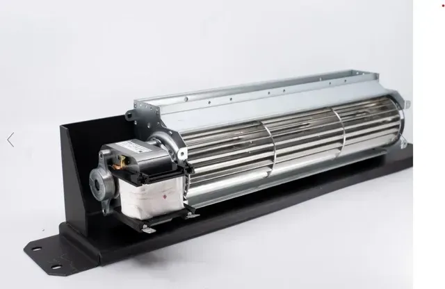 Silver industrial fan assembly on a black base, shown against a white background.