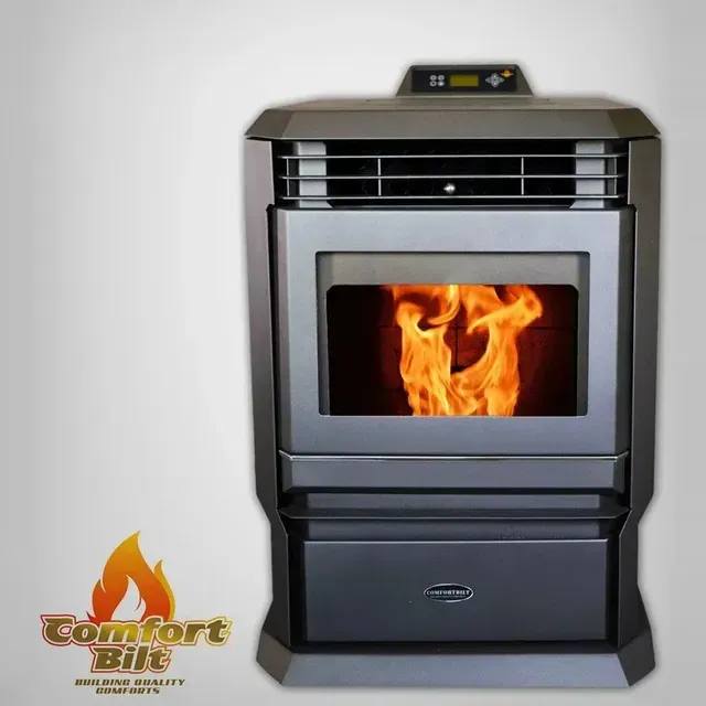 Modern black pellet stove with a glass window showing a bright orange flame