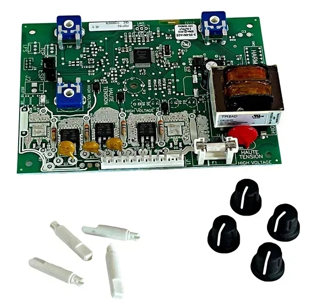 Green circuit board with components, plus white and black plastic mounting clips below