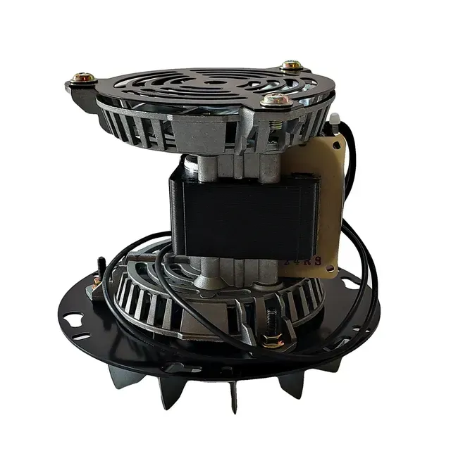 Small black mechanical device with circular top and base, metal frame, and visible wiring on a white background