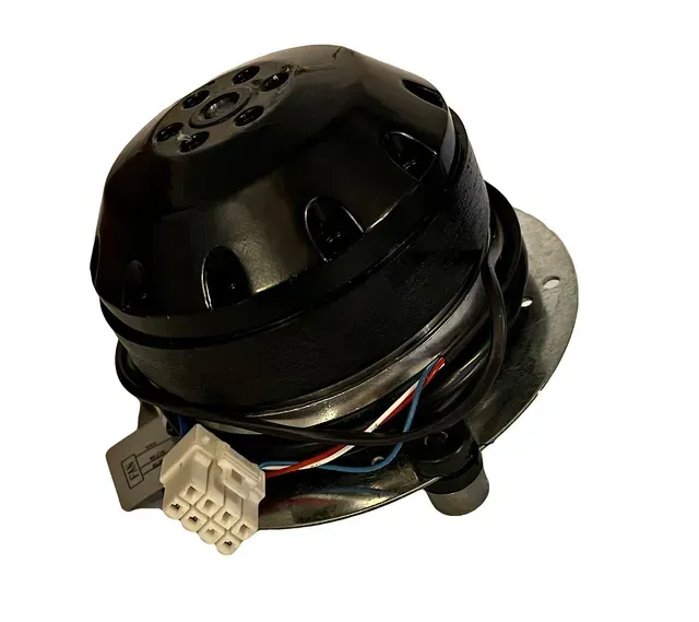 Black electric fan motor with wiring and connector on a white background