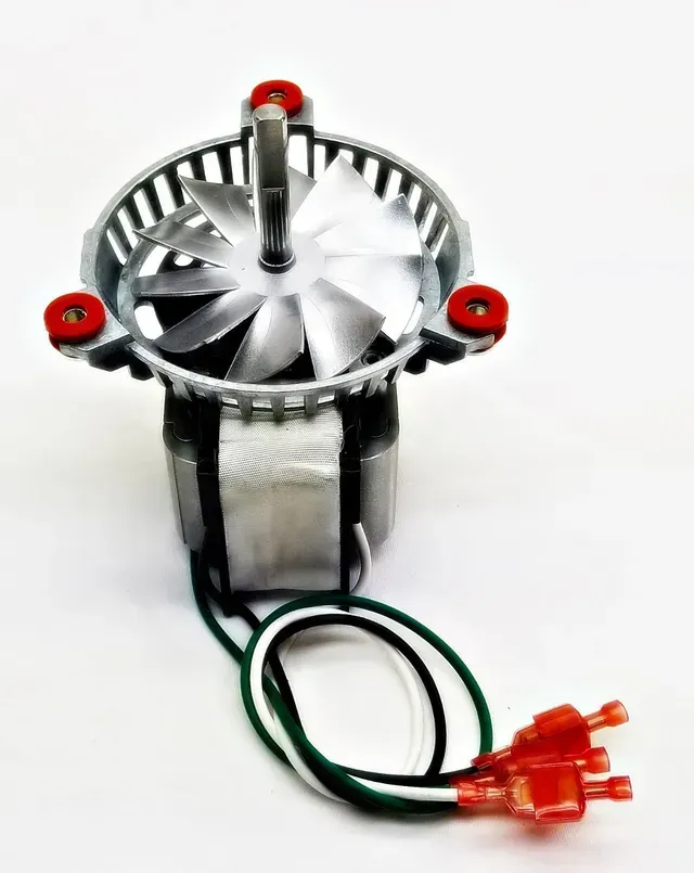 Compact silver electric blower fan with red mounting tabs and green-black power wires